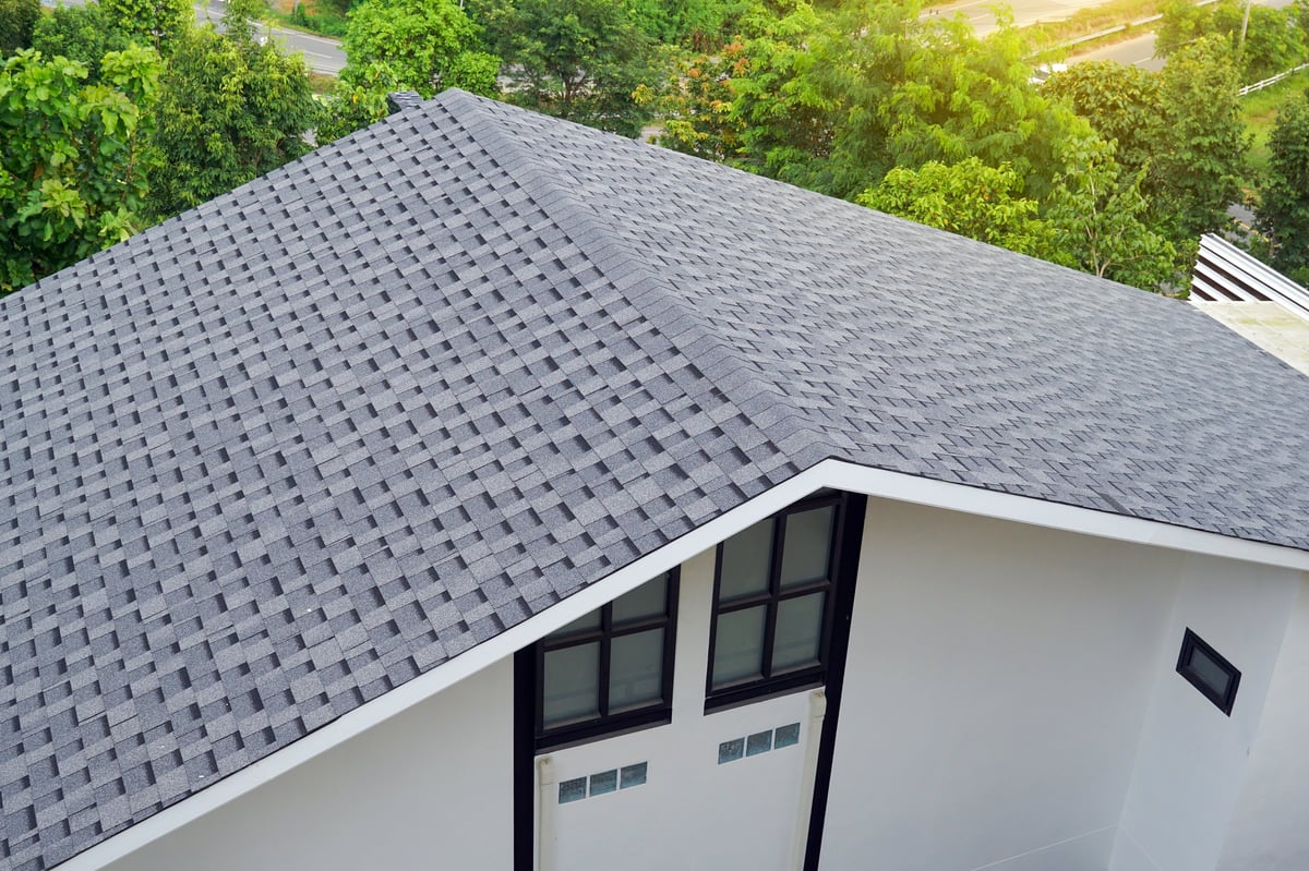 Modern home with steep gray shingle roof